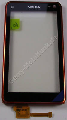 Displayscheibe orange Nokia N8 original Touchpanel, Touchscreen, Bedienfeld green, Oberschale, Cover