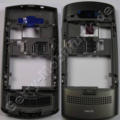 Unterschale, Gehusetrger grau Nokia Asha 303 original B-Cover graphite mit Simkartenhalter, Kamerascheibe, Akkufach-Verschlu