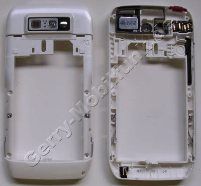 Unterschale weiss Nokia E71 original B-Cover, Mittelrahmen, Mittelcover incl. Konnektor Headset, Ladekonnektor, Ladeanschlu, Kamerascheibe, Kameralinse, Freisprechlautsprecher, Einschalttaste, Verriegelung Akkufachdeckel