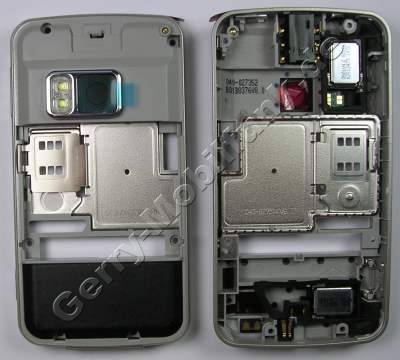 Unterschale Titanium Nokia N96 original B-Cover Gehuserahmen incl. Konnektoren, Freisprechlautsprecher, Tasten, Kamerascheibe ( Kameralinse ), Ladebuchse, Mikrofon, Abdeckung Speicherkartenschacht, Lautstrketaste, Kamerataste, Einschalttasten, Verriegelungstaste (Tastensperre), Headsetbuchse (Headsetkonnektor)