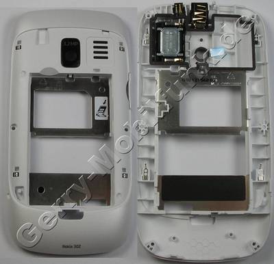 Unterschale, Gehusetrger wei Nokia Asha 302 original B-Cover white mit Simkartenhalter, Kamerascheibe, Akkufach-Verschlu