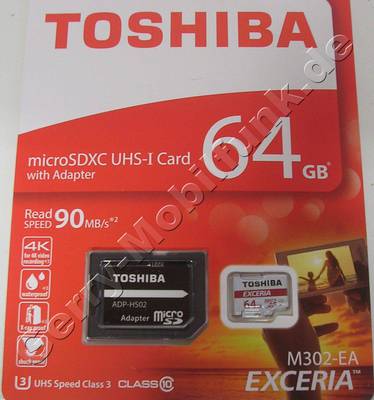 Speicherkarte 64GB Toshiba EXCERIA M302-EA MicroSDXC 64GB Class 10 UHS speed class 3 bis zu 90MB/s lesegeschwindigkeit mit Adapter fr SD Schchte ( ADP-HS02 ), 5 Jahre Toshiba Garantie