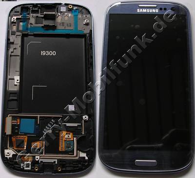 Ersatzdisplay - Display - Display blau, Displaymodul Samsung i9300 Galaxy S3 Displayscheibe, Touchpanel blue, incl. Oberschale und Displayrahmen, Displayglas