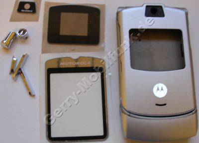 Komplettgehäuse silber Motorola V3 Razr bestehend aus Akkufachdeckel, Antennenabdeckung, Displayscheiben innen und aussen, Tastaturschale, Klappenabdeckung innen und aussen, Seistentasten